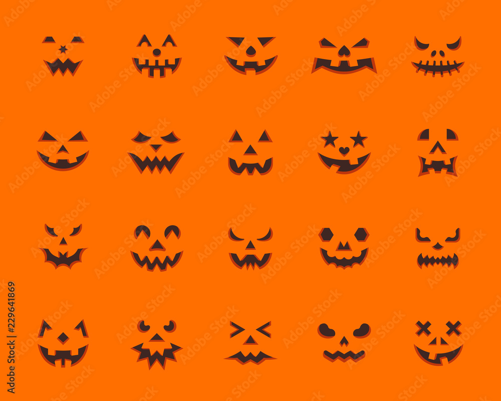 Pumpkin Face simple flat color icons vector set