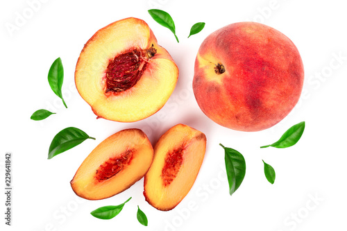 ripe peaches with leaves isolated on white background. Top view. Flat lay pattern