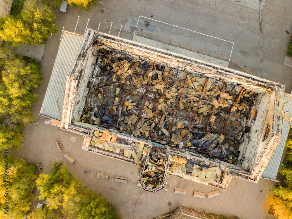 top view of ruined damaged destroyed building after war f top view of ruined damaged destroyed building after war f
