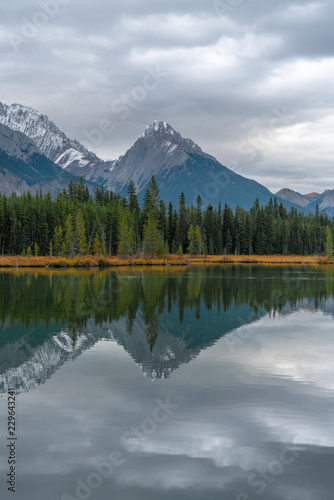 The foothills of the Rockies reflecting in an alpine lake