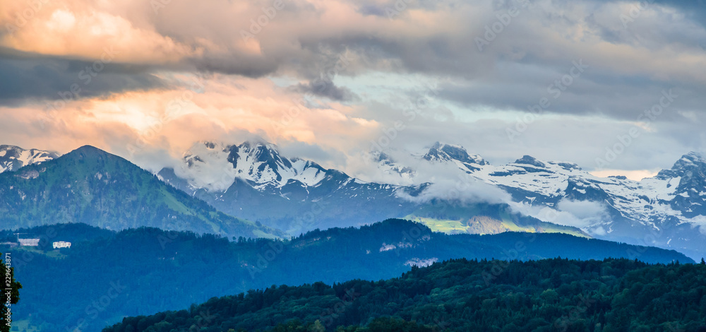 Aerial view of Alps mountains near Lucern at sunset, Switzerland