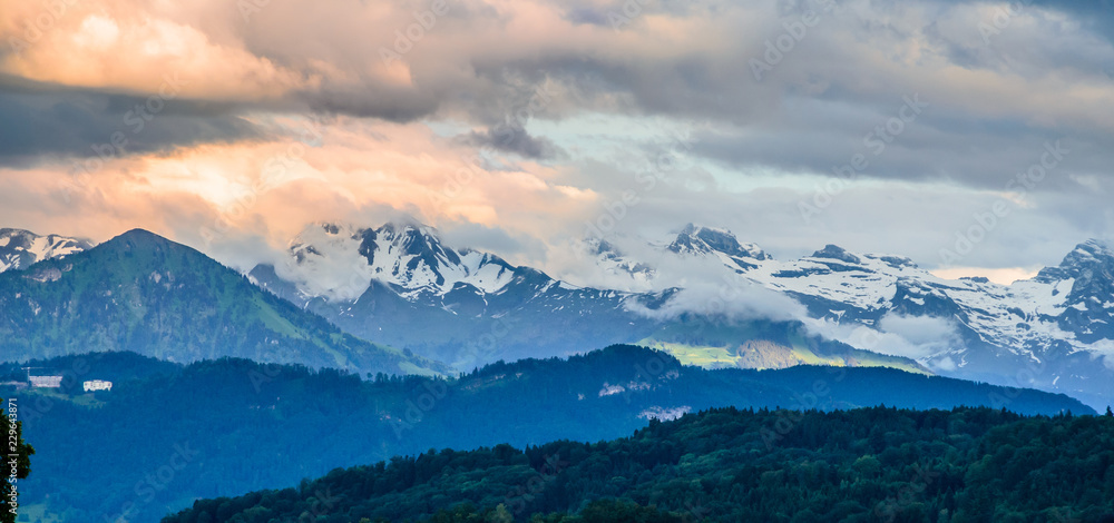 Aerial view of Alps mountains near Lucern at sunset, Switzerland Aerial view of Alps mountains near Lucern at sunset, Switzerland