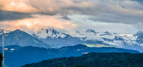 Aerial view of Alps mountains near Lucern at sunset, Switzerland