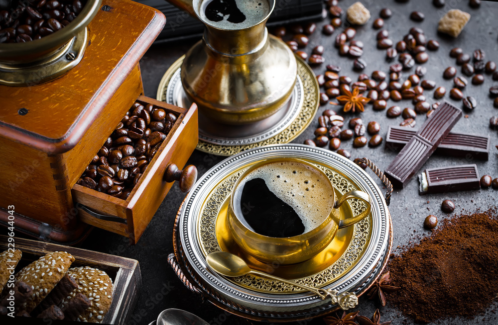 Black coffee on old background Black coffee on old background