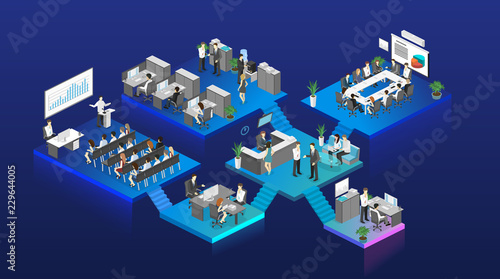 Isometric flat 3d abstract office floor interior departments concept vector.