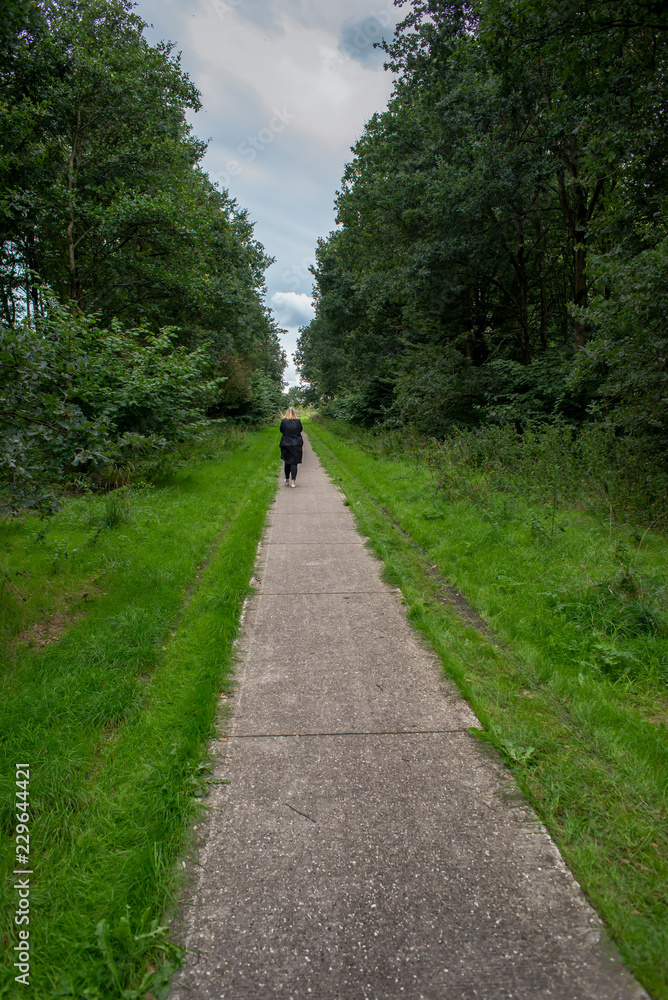 Planted trees in the shape of Cathedral, Land art Flevoland with the woman walking on the end of the path