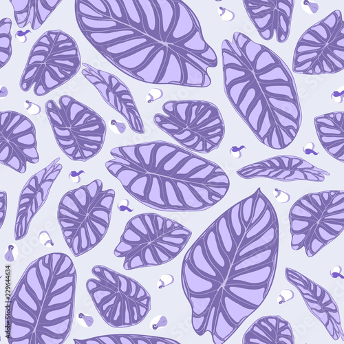 Seamless Jungle Pattern in Purple Color Design. Vector Tropic Leaves in Watercolor Style. Background with Stylized Plants Alocasia. Exotic Foliage. Seamless Tropical Pattern for Cloth Design  Fabric.