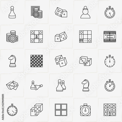 Chess & Backgammon line icon set with chess board, chess board tactics and backgammon