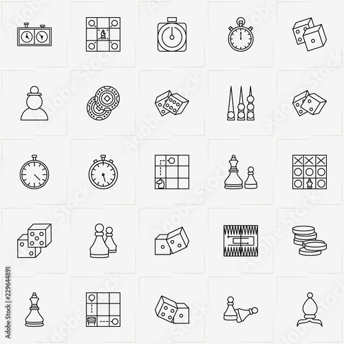 Chess & Backgammon line icon set with chess pawn, backgammon  and chess pawns