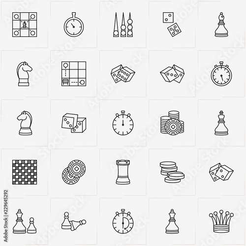 Chess & Backgammon line icon set with chess king , casino chips  and chess pawns