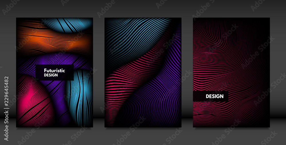 Wavy Lines in Movement. Abstract Backgrounds with Vibrant Gradient and Volume Effect in Modern Style. 3D Vector Abstraction with Distorted Shapes. Wavy Lines for Cover, Magazine, Poster, Brochure.