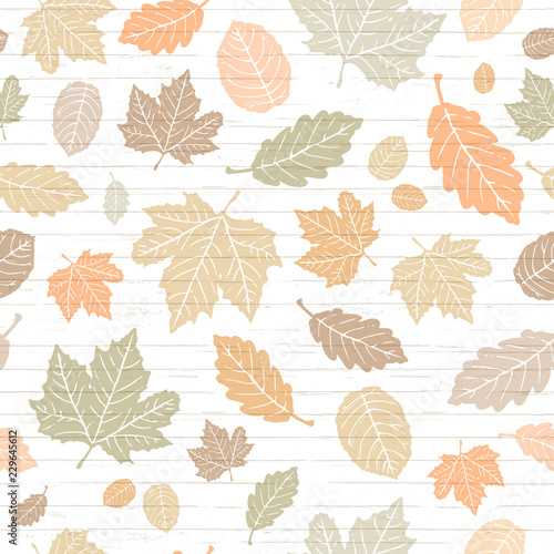 Seamless Vector Pastel Colored Autumn Falling Leaves on Shiplap Wood Plank Background