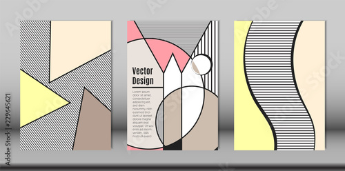 Covers Templates Set with Bauhaus and Graphic Geometric Elements. Placards Set with Handwritten Wavy Stripes, Triangles and Abstract Vector Shapes. Applicable for Brochures, Posters, Magazine, Layout.