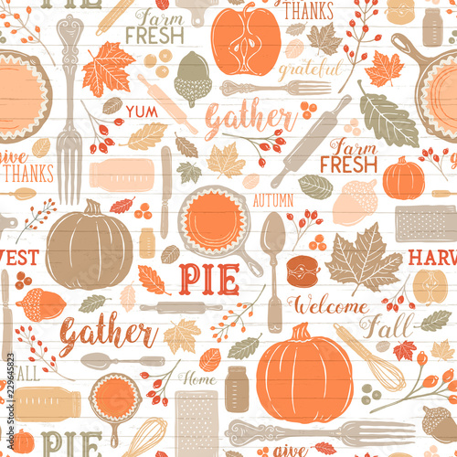 Seamless Vector Shiplap Autumn Leaves & Pumpkin Apple Pie Baking Pattern in Warm Bright Fall Colors