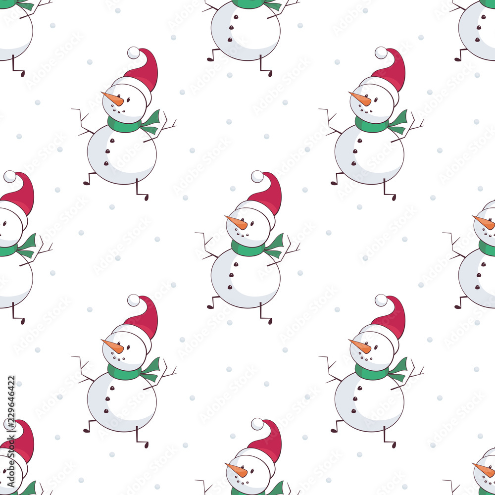 Fototapeta premium Christmas seamless pattern with snowman. Childhood vector background in cartoon style.