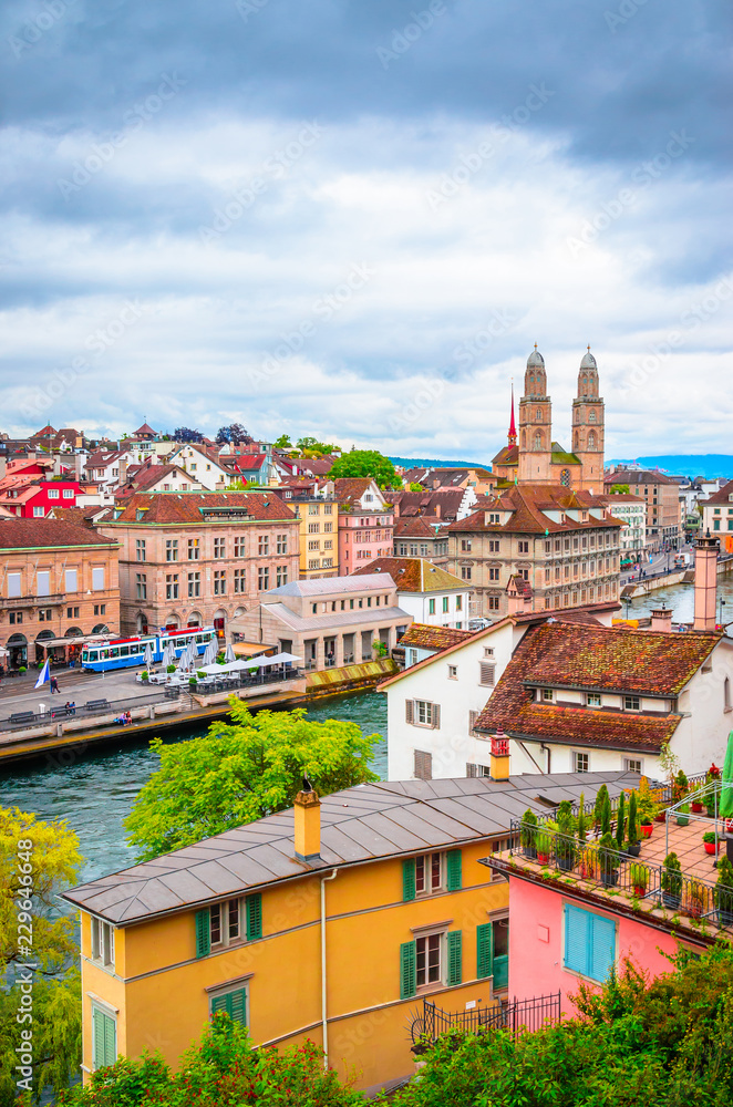 Aerial view on beautiful river Limmat and city center of Zurich, Switzerland