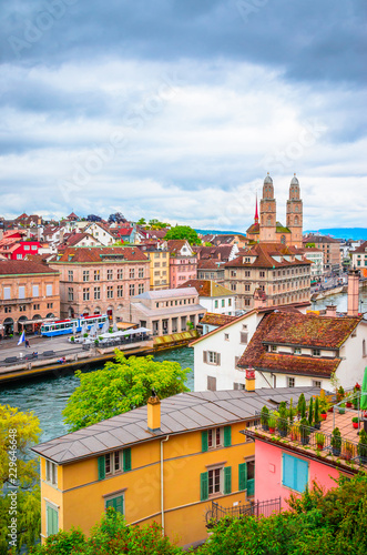 Aerial view on beautiful river Limmat and city center of Zurich, Switzerland