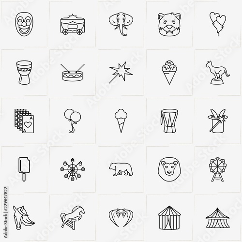 Circus line icon set with horse, drum and elephant