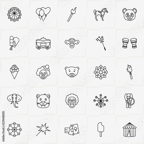 Circus line icon set with ferris wheel, clown and horse
