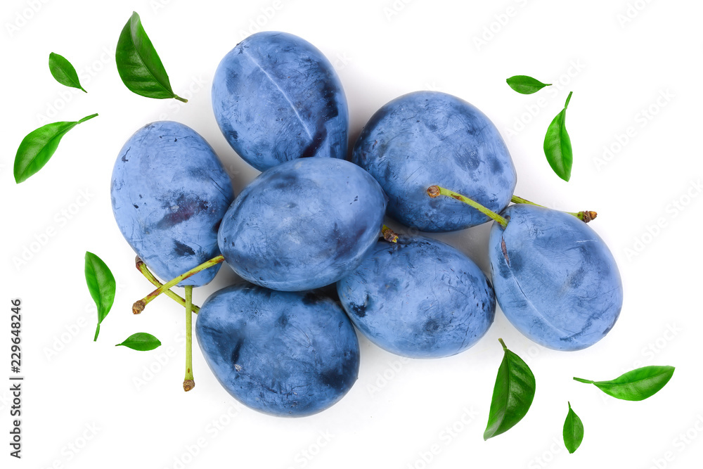 Fototapeta premium plums isolated on a white background. Top view. Flat lay pattern
