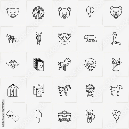 Circus line icon set with ice cream, horse and clown