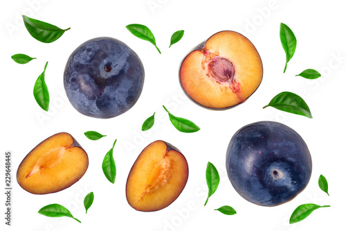 plums with leaf isolated on a white background. Top view. Flat lay pattern