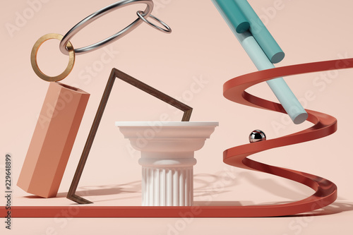 Geometric figures and objects on pink background. 3d rendering.