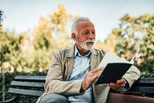 Charming old man reading a book.