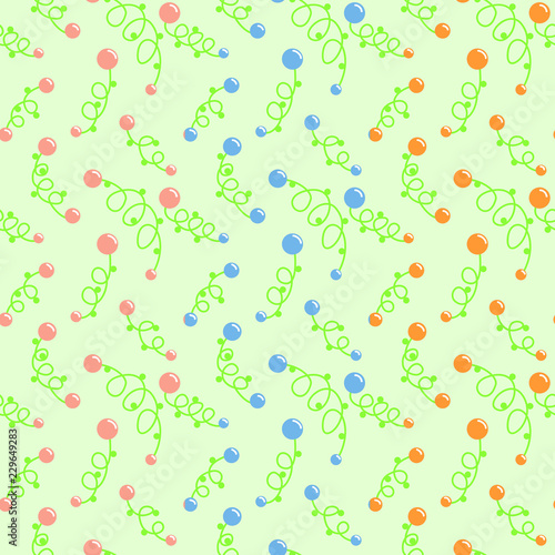 Hand drawn colorful seamless pattern. Bright hand drawn multicolor pattern with berries and leaves on a light green background. For textile, prints, wallpaper etc. Available in EPS format.