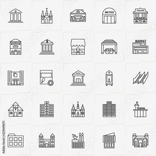 City Building line icon set with petrol station , stall and factory