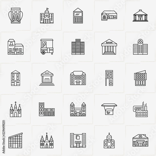 City Building line icon set with hospital , stall and bank