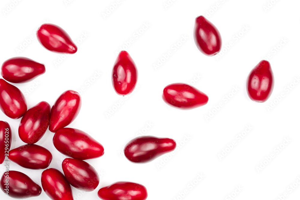 Red berries of cornel or dogwood isolated on white background. Top view. Flat lay Red berries of cornel or dogwood isolated on white background. Top view. Flat lay