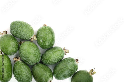 Tropical fruit feijoa Acca sellowiana isolated on white background with copy space for your text. Top view. Flat lay pattern