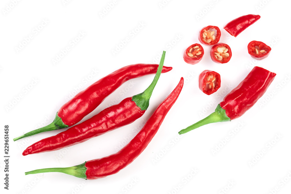 sliced red hot chili pepper isolated on white background. Top view. Flat lay pattern