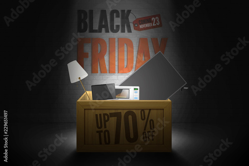 Black friday sale discounts vector banner with wood box in spotlight on dark background