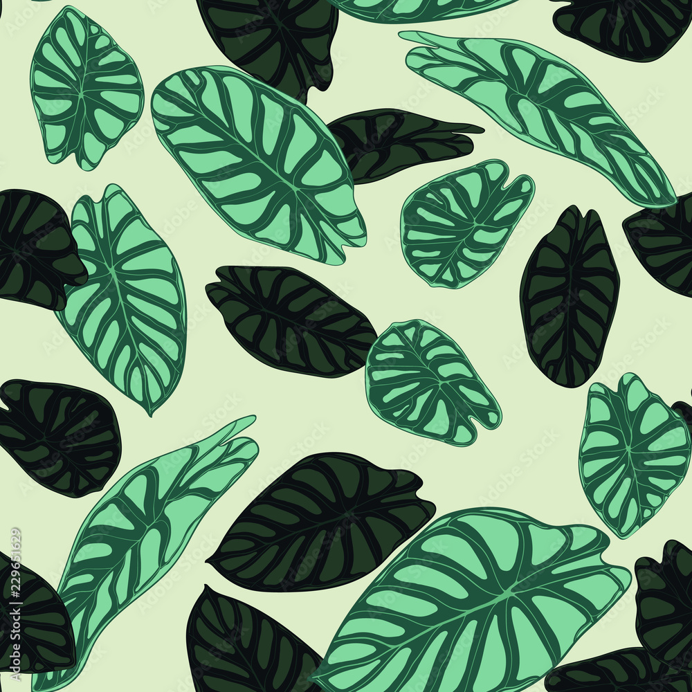 Fototapeta premium Seamless Tropical Pattern. Trendy Background with Rain Forest Plants. Vector Leaf of Alocasia. Green Araceae. Handwritten Jungle Foliage in Watercolor Style. Seamless Exotic Pattern for Tile, Fabric.