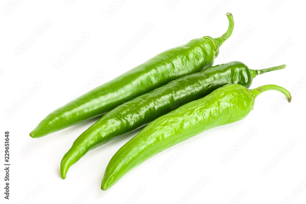 green hot chili peppers isolated on white background. Top view. Flat lay pattern green hot chili peppers isolated on white background. Top view. Flat lay pattern