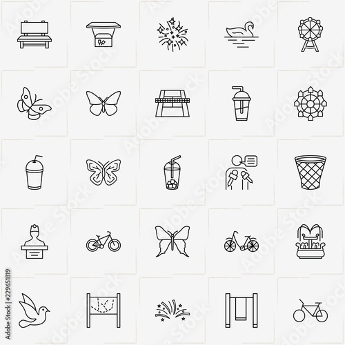 City Park line icon set with lecturer , ferris wheel and bench