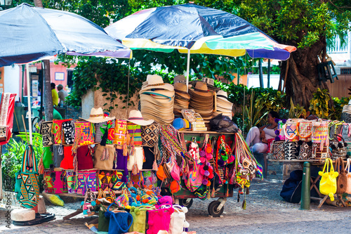 Street sell of Colombian typical handicrafts in the walled city in Cartagena de Indias