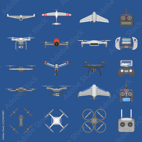 Drone vector quadcopter technology and aerial helicopter remote control flight with digital camera illustration set of fly spy robot copter with quadrocopter propeller isolated on background