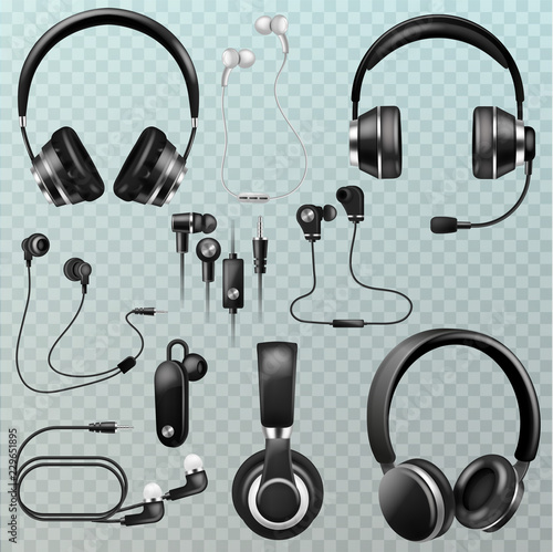 Headphones vector headset and earphones stereo technology and audio dj equipment illustration set of realistic headgear digital gadget to listen to music isolated on transparent background