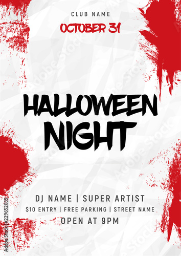 Halloween party poster with bloody splash. Halloween flyer vector lettering banner card design