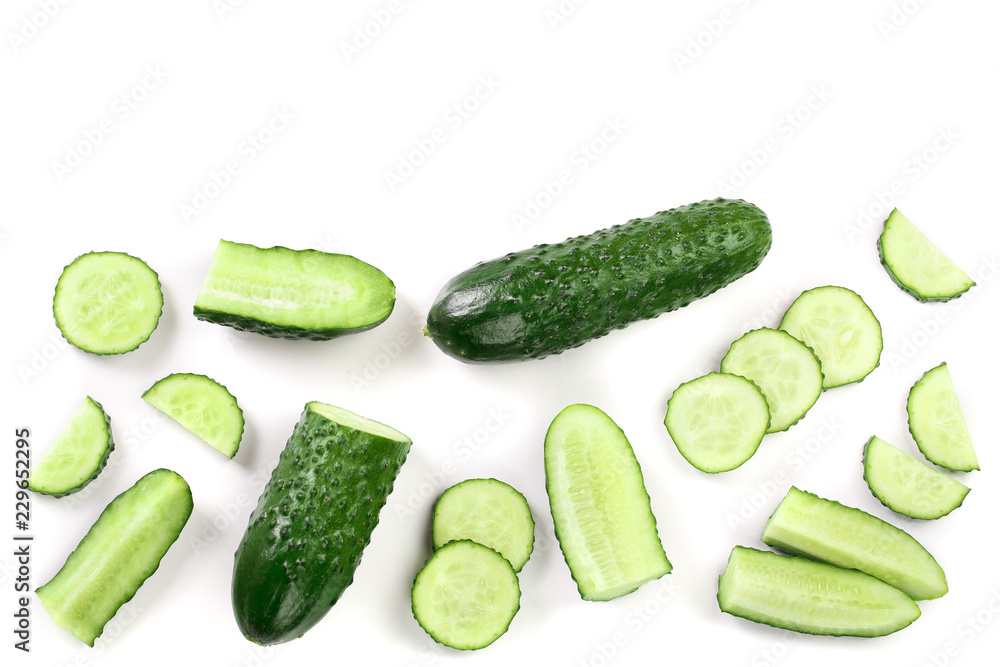 Cucumber slices isolated on white background with copy space for your text. Top view. Flat lay pattern. Set or collection Cucumber slices isolated on white background with copy space for your text. Top view. Flat lay pattern. Set or collection