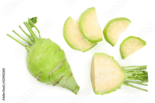 Foto Fresh kohlrabi with green leaves isolated on white backround