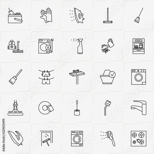 Cleaning line icon set with clothes hanging rope , toilet brush  and vacuum cleaner nozzle
