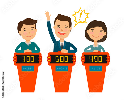 Quiz show, game concept. Players answering questions standing at stand with buttons. Vector flat illustration