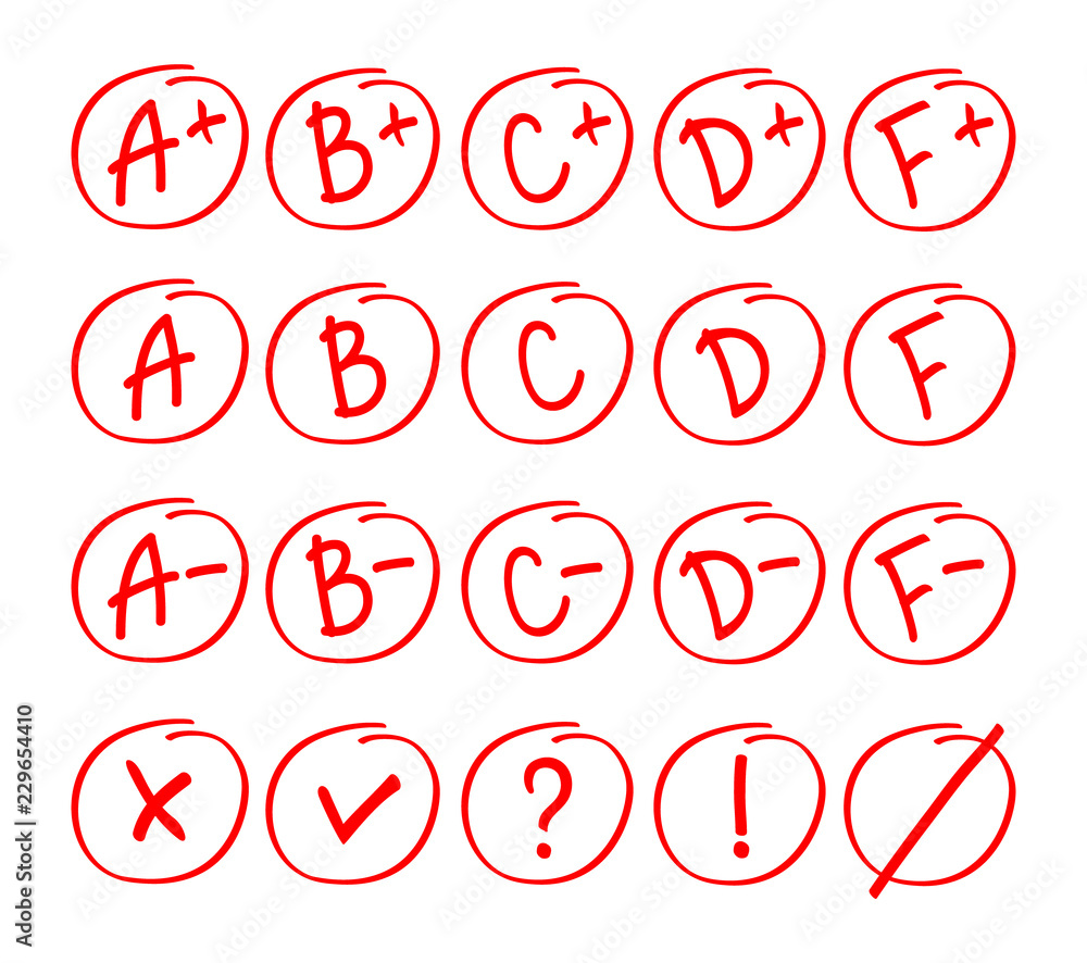 Grade results set. Hand drawn vector grade in red circle. Test exam mark report Grade results set. Hand drawn vector grade in red circle. Test exam mark report
