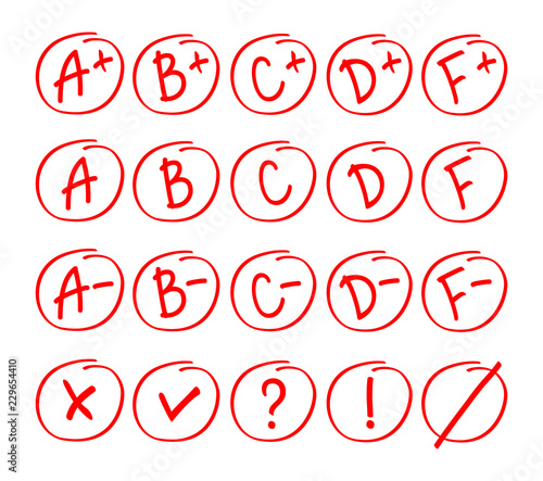Grade results set. Hand drawn vector grade in red circle. Test exam mark report