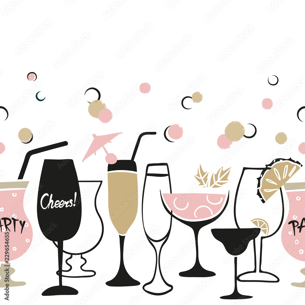 Cocktail party invitation or wine menu design. Vector border with doodle cocktail  glasses. Stock Vector | Adobe Stock