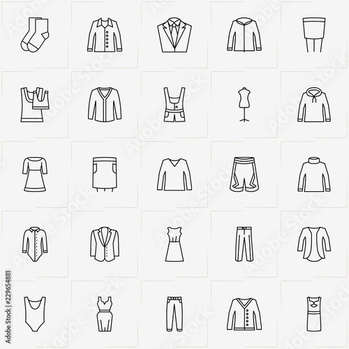 Clothes line icon set with dress, blazer and jacket